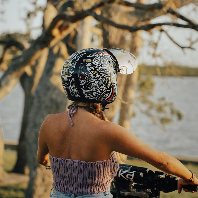 Load image into Gallery viewer, DOT Approved Daytona Cruiser Open Face Motorcycle Helmet - Men, Women &amp; Youth - With Visor &amp; Graphics - W/ Tribal
