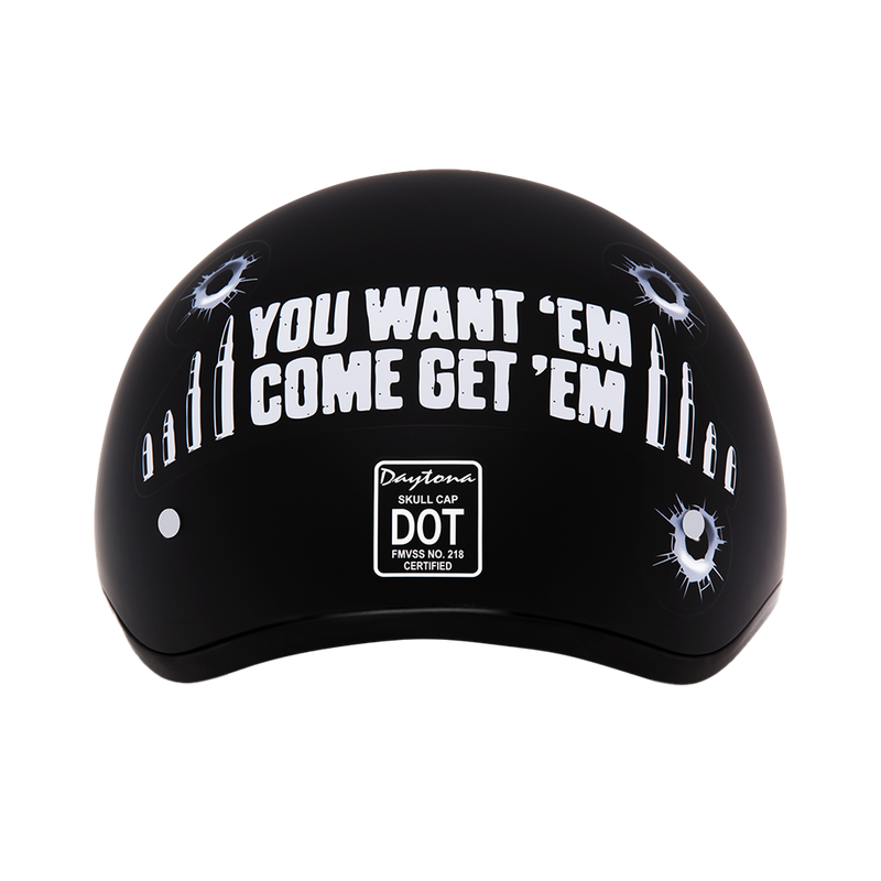 Load image into Gallery viewer, DOT Approved Daytona Motorcycle Half Face Helmet - Skull Cap Graphics for Men, Scooters, ATVs, UTVs &amp; Choppers - W/ Come Get &#39;Em
