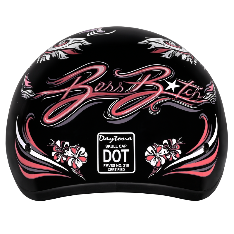 Load image into Gallery viewer, DOT Approved Daytona Motorcycle Half Face Helmet - Skull Cap Graphics for Men & Women, Scooters, ATVs, UTVs & Choppers - W/ Boss Bitch