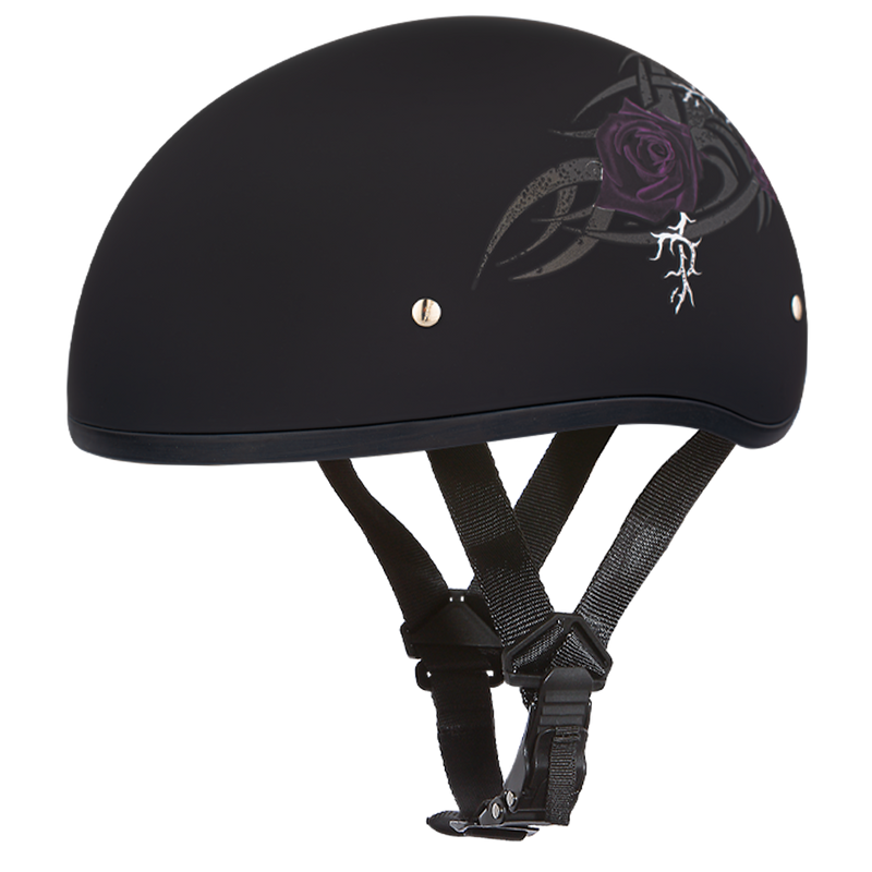Load image into Gallery viewer, DOT Approved Daytona Motorcycle Half Face Helmet - Skull Cap Graphics for Men & Women, Scooters, ATVs, UTVs & Choppers - W/ Purple Rose