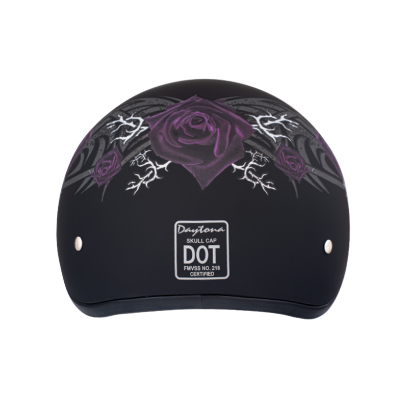 Load image into Gallery viewer, DOT Approved Daytona Motorcycle Half Face Helmet - Skull Cap Graphics for Men & Women, Scooters, ATVs, UTVs & Choppers - W/ Purple Rose