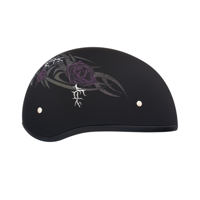 Load image into Gallery viewer, DOT Approved Daytona Motorcycle Half Face Helmet - Skull Cap Graphics for Men & Women, Scooters, ATVs, UTVs & Choppers - W/ Purple Rose