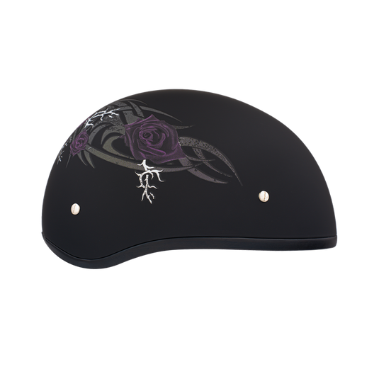 DOT Approved Daytona Motorcycle Half Face Helmet - Skull Cap Graphics for Men & Women, Scooters, ATVs, UTVs & Choppers - W/ Purple Rose