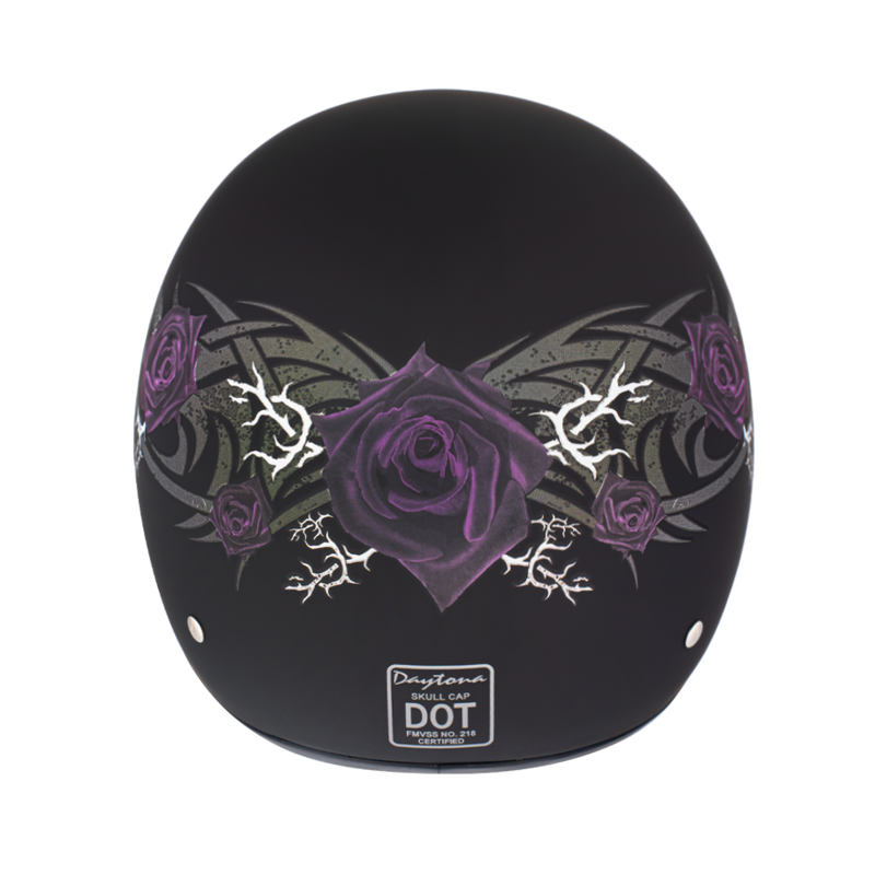 Load image into Gallery viewer, DOT Approved Daytona Motorcycle Half Face Helmet - Skull Cap Graphics for Men & Women, Scooters, ATVs, UTVs & Choppers - W/ Purple Rose