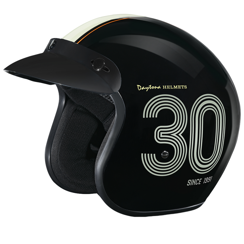 Load image into Gallery viewer, DOT Approved Daytona Cruiser Open Face Motorcycle Helmet - Men, Women &amp; Youth - With Visor &amp; Graphics - W/ Daytona 30th
