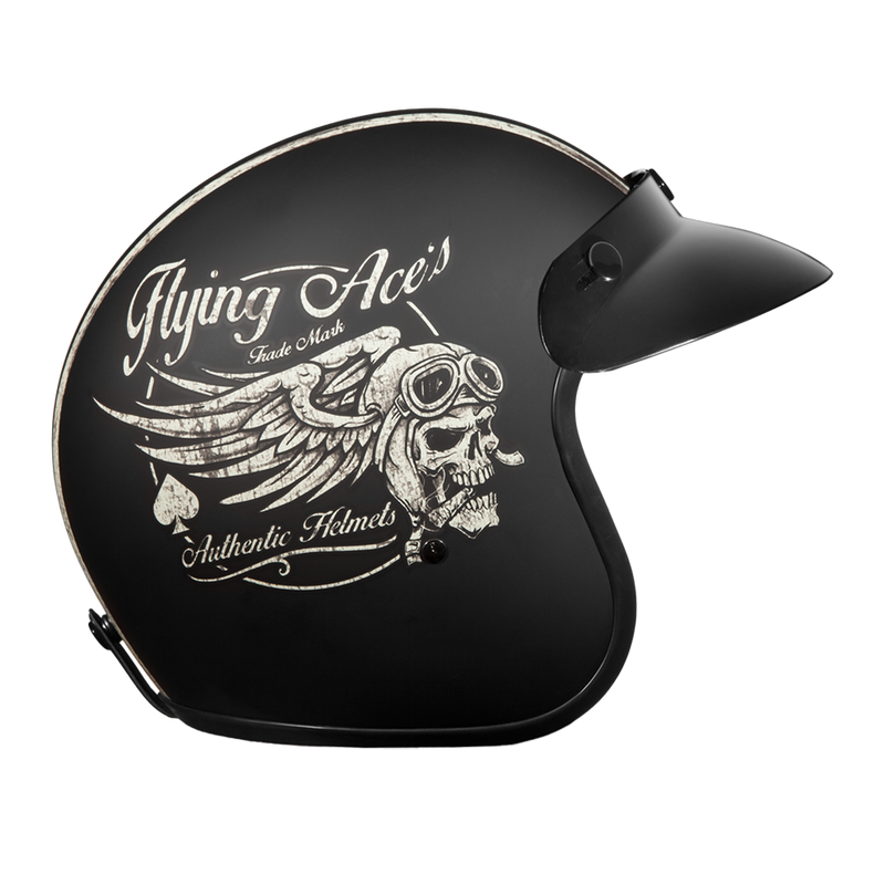 Load image into Gallery viewer, DOT Approved Daytona Cruiser Open Face Motorcycle Helmet - Men, Women &amp; Youth - With Visor &amp; Graphics - W/ Flying Ace&#39;s

