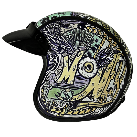 DOT Approved Daytona Cruiser Open Face Motorcycle Helmet - Men, Women & Youth - With Visor & Graphics - W/ Money
