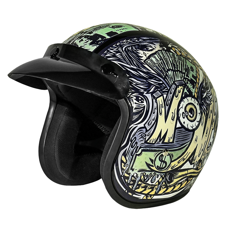 Load image into Gallery viewer, DOT Approved Daytona Cruiser Open Face Motorcycle Helmet - Men, Women &amp; Youth - With Visor &amp; Graphics - W/ Money
