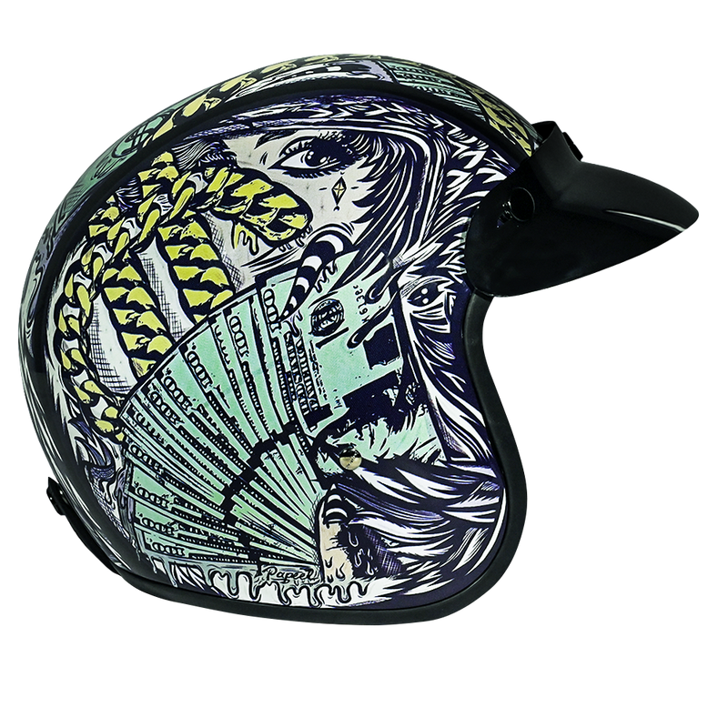 Load image into Gallery viewer, DOT Approved Daytona Cruiser Open Face Motorcycle Helmet - Men, Women &amp; Youth - With Visor &amp; Graphics - W/ Money
