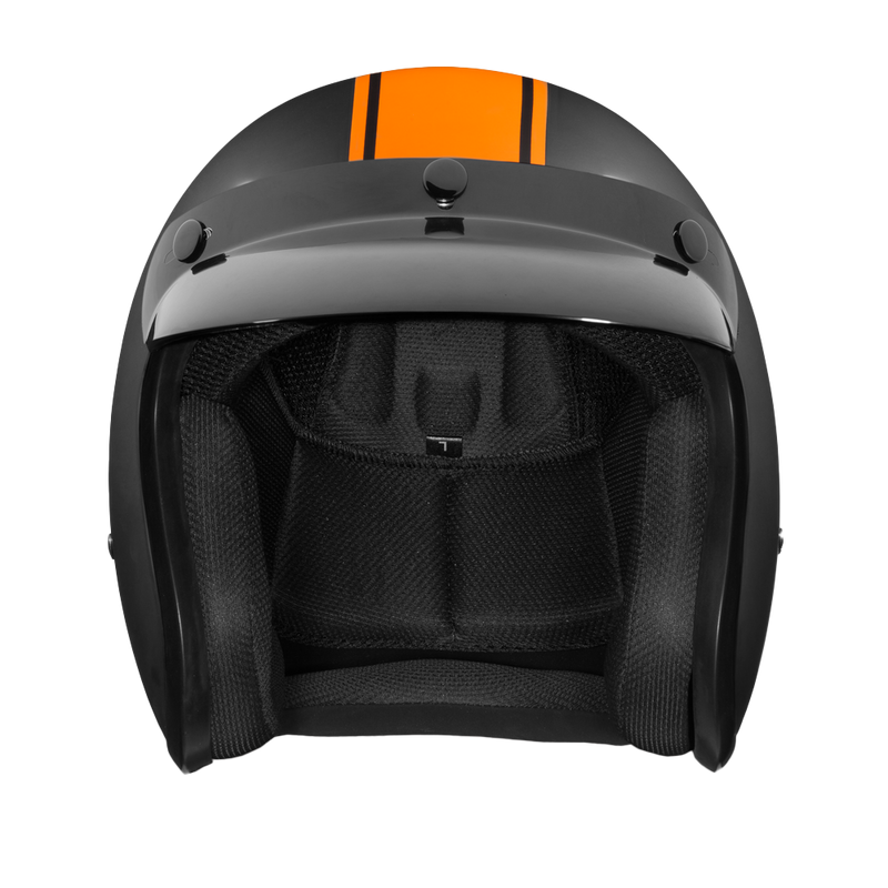 Load image into Gallery viewer, DOT Approved Daytona Cruiser Open Face Motorcycle Helmet - Men, Women &amp; Youth - With Visor &amp; Graphics - W/ Orange Pin Stripe
