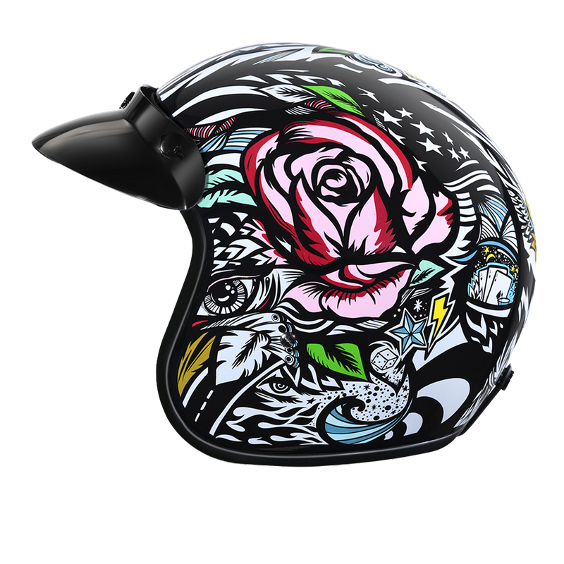 Load image into Gallery viewer, DOT Approved Daytona Cruiser Open Face Motorcycle Helmet - Men, Women &amp; Youth - With Visor &amp; Graphics - W/ Tribal
