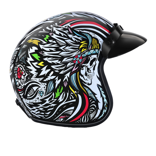 DOT Approved Daytona Cruiser Open Face Motorcycle Helmet - Men, Women & Youth - With Visor & Graphics - W/ Tribal