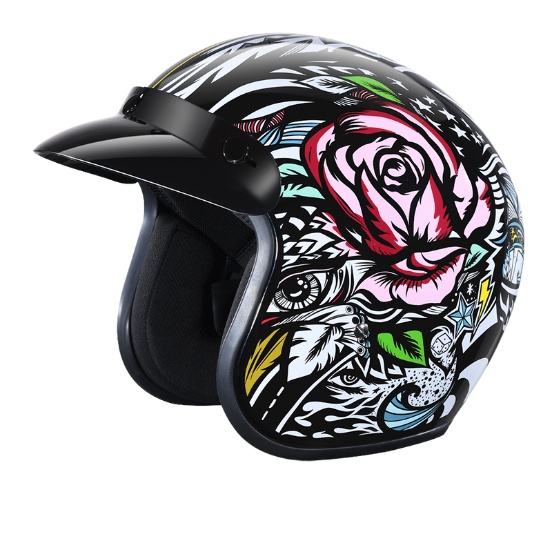 Load image into Gallery viewer, DOT Approved Daytona Cruiser Open Face Motorcycle Helmet - Men, Women &amp; Youth - With Visor &amp; Graphics - W/ Tribal
