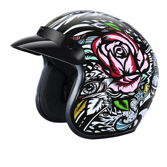 DOT Approved Daytona Cruiser Open Face Motorcycle Helmet - Men, Women & Youth - With Visor & Graphics - W/ Tribal