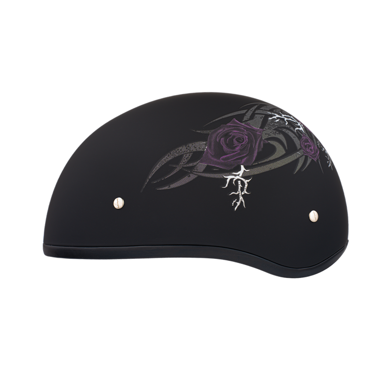 Load image into Gallery viewer, DOT Approved Daytona Motorcycle Half Face Helmet - Skull Cap Graphics for Men & Women, Scooters, ATVs, UTVs & Choppers - W/ Purple Rose