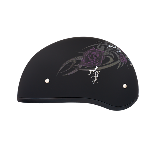 DOT Approved Daytona Motorcycle Half Face Helmet - Skull Cap Graphics for Men & Women, Scooters, ATVs, UTVs & Choppers - W/ Purple Rose