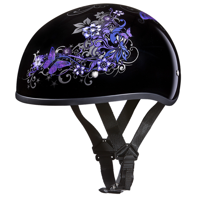 DOT Approved Daytona Motorcycle Half Face Helmet - Skull Cap Graphics for Women, Scooters, ATVs, UTVs & Choppers - W/ Butterfly