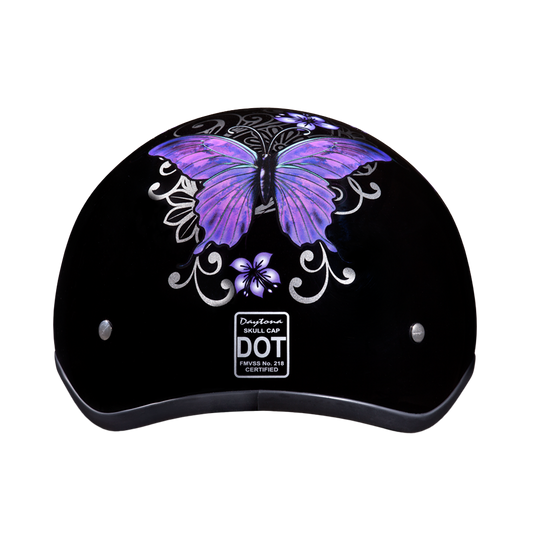 DOT Approved Daytona Motorcycle Half Face Helmet - Skull Cap Graphics for Men & Women, Scooters, ATVs, UTVs & Choppers - W/ Butterfly