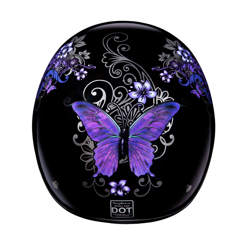 Load image into Gallery viewer, DOT Approved Daytona Motorcycle Half Face Helmet - Skull Cap Graphics for Men & Women, Scooters, ATVs, UTVs & Choppers - W/ Butterfly