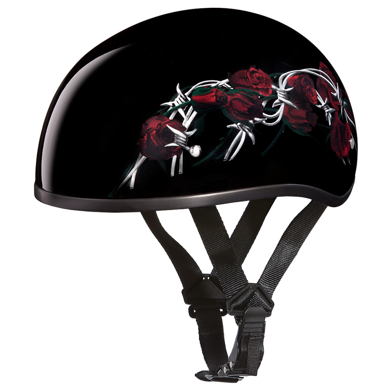 Load image into Gallery viewer, DOT Approved Daytona Motorcycle Half Face Helmet - Skull Cap Graphics for Men &amp; Women, Scooters, ATVs, UTVs &amp; Choppers - W/ Barbed Roses
