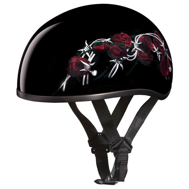 Load image into Gallery viewer, DOT Approved Daytona Motorcycle Half Face Helmet - Skull Cap Graphics for Men & Women, Scooters, ATVs, UTVs & Choppers - W/ Barbed Roses
