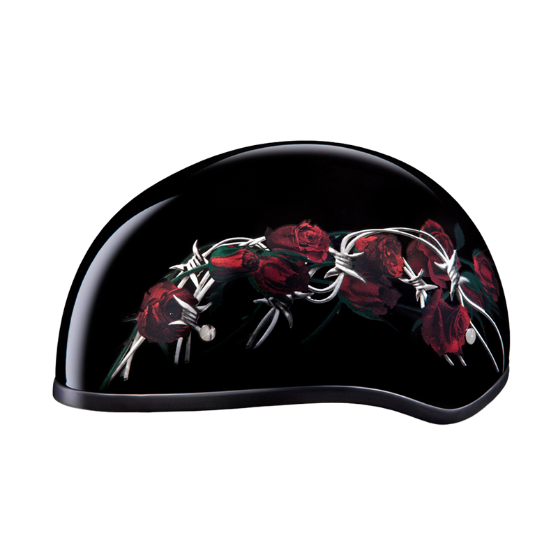 Load image into Gallery viewer, DOT Approved Daytona Motorcycle Half Face Helmet - Skull Cap Graphics for Men, Scooters, ATVs, UTVs &amp; Choppers - W/ Barbed Roses
