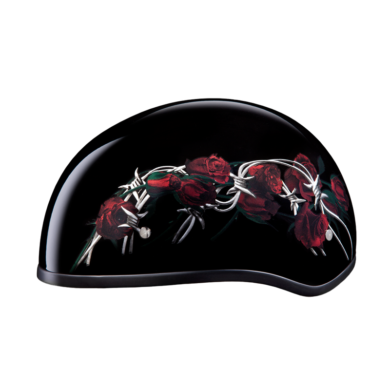 Load image into Gallery viewer, DOT Approved Daytona Motorcycle Half Face Helmet - Skull Cap Graphics for Women, Scooters, ATVs, UTVs &amp; Choppers - W/ Barbed Roses
