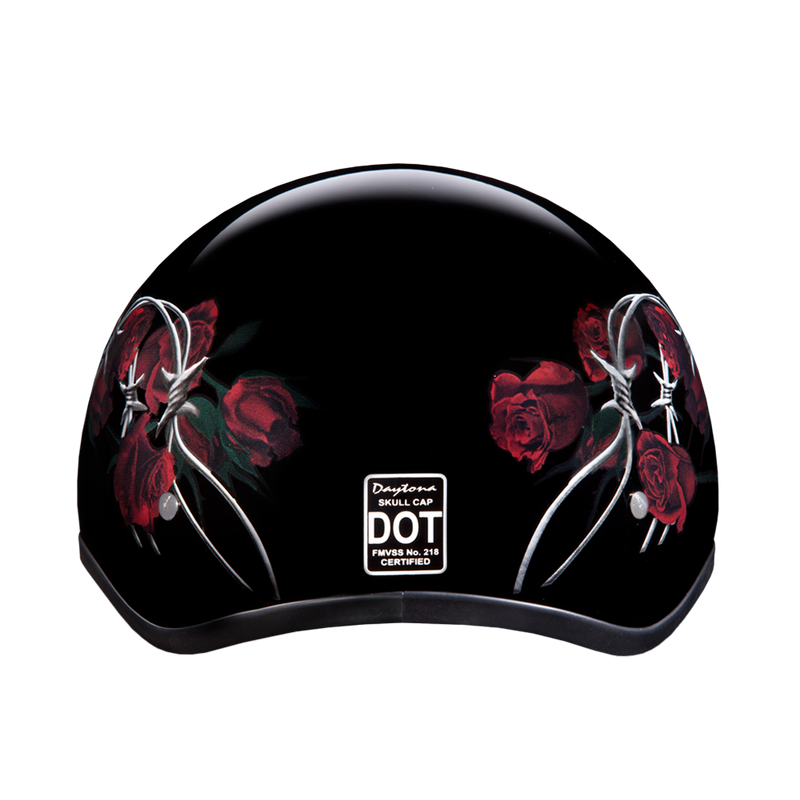 Load image into Gallery viewer, DOT Approved Daytona Motorcycle Half Face Helmet - Skull Cap Graphics for Men & Women, Scooters, ATVs, UTVs & Choppers - W/ Barbed Roses