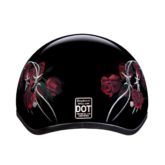 DOT Approved Daytona Motorcycle Half Face Helmet - Skull Cap Graphics for Women, Scooters, ATVs, UTVs & Choppers - W/ Barbed Roses