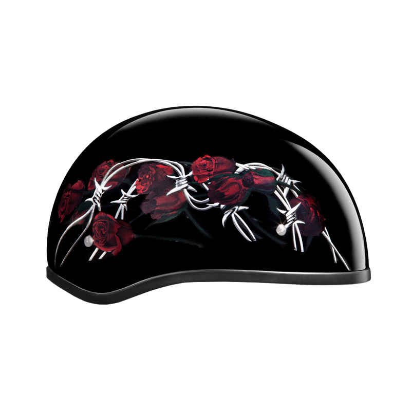 Load image into Gallery viewer, DOT Approved Daytona Motorcycle Half Face Helmet - Skull Cap Graphics for Women, Scooters, ATVs, UTVs &amp; Choppers - W/ Barbed Roses
