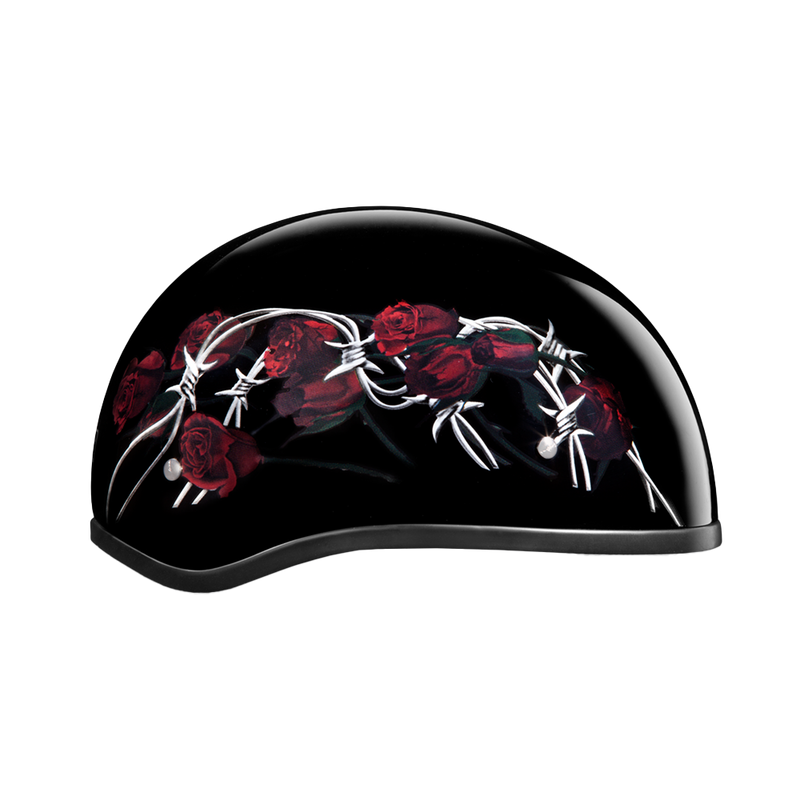 Load image into Gallery viewer, DOT Approved Daytona Motorcycle Half Face Helmet - Skull Cap Graphics for Men &amp; Women, Scooters, ATVs, UTVs &amp; Choppers - W/ Barbed Roses
