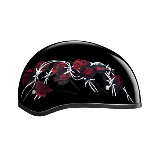 DOT Approved Daytona Motorcycle Half Face Helmet - Skull Cap Graphics for Men, Scooters, ATVs, UTVs & Choppers - W/ Barbed Roses