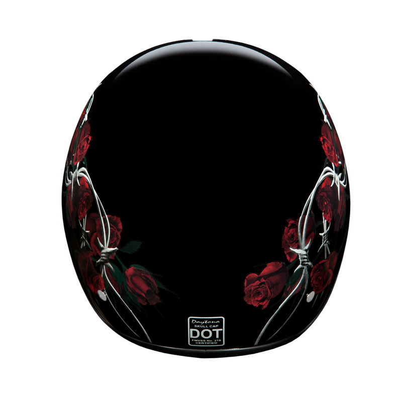 Load image into Gallery viewer, DOT Approved Daytona Motorcycle Half Face Helmet - Skull Cap Graphics for Men & Women, Scooters, ATVs, UTVs & Choppers - W/ Barbed Roses