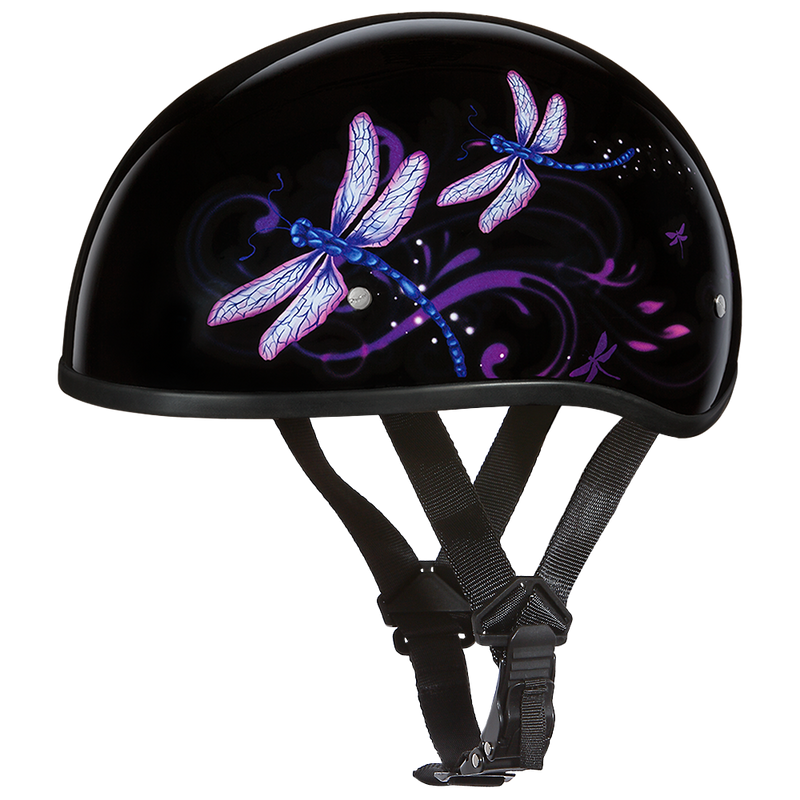 Load image into Gallery viewer, DOT Approved Daytona Motorcycle Half Face Helmet - Skull Cap Graphics for Men &amp; Women, Scooters, ATVs, UTVs &amp; Choppers - W/ Dragonfly
