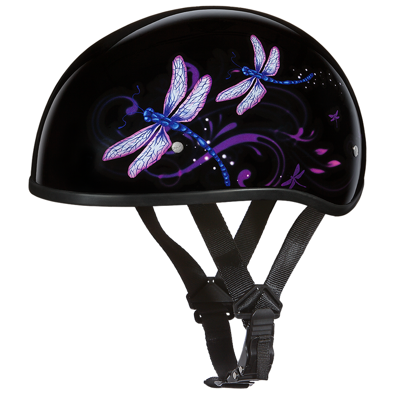 Load image into Gallery viewer, DOT Approved Daytona Motorcycle Half Face Helmet - Skull Cap Graphics for Women, Scooters, ATVs, UTVs &amp; Choppers - W/ Dragonfly
