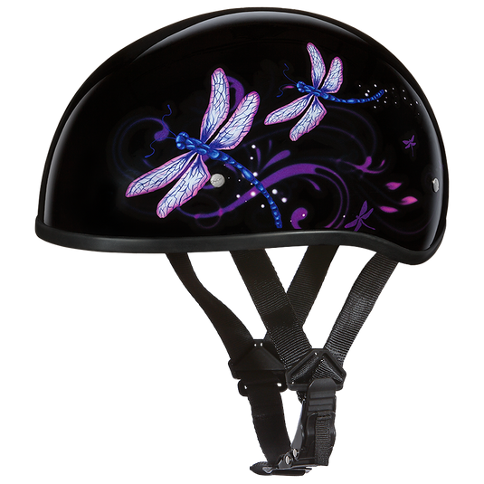 DOT Approved Daytona Motorcycle Half Face Helmet - Skull Cap Graphics for Men, Scooters, ATVs, UTVs & Choppers - W/ Dragonfly