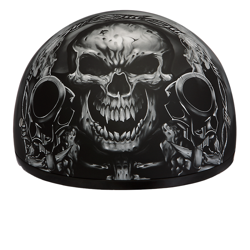 Load image into Gallery viewer, DOT Approved Daytona Motorcycle Half Face Helmet - Skull Cap Graphics for Men, Scooters, ATVs, UTVs &amp; Choppers - W/ Guns
