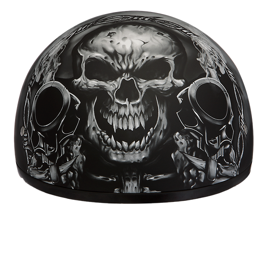 DOT Approved Daytona Motorcycle Half Face Helmet - Skull Cap Graphics for Men, Scooters, ATVs, UTVs & Choppers - W/ Guns