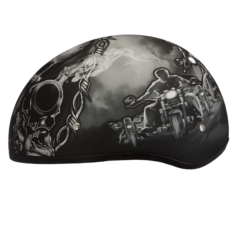 Load image into Gallery viewer, DOT Approved Daytona Motorcycle Half Face Helmet - Skull Cap Graphics for Men, Scooters, ATVs, UTVs &amp; Choppers - W/ Guns
