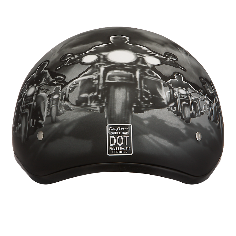 Load image into Gallery viewer, DOT Approved Daytona Motorcycle Half Face Helmet - Skull Cap Graphics for Men &amp; Women, Scooters, ATVs, UTVs &amp; Choppers - W/ Guns

