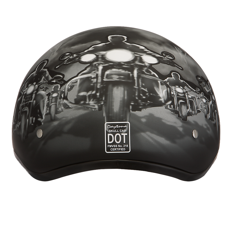 Load image into Gallery viewer, DOT Approved Daytona Motorcycle Half Face Helmet - Skull Cap Graphics for Men & Women, Scooters, ATVs, UTVs & Choppers - W/ Guns