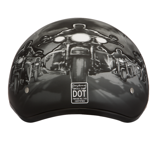 DOT Approved Daytona Motorcycle Half Face Helmet - Skull Cap Graphics for Men, Scooters, ATVs, UTVs & Choppers - W/ Guns