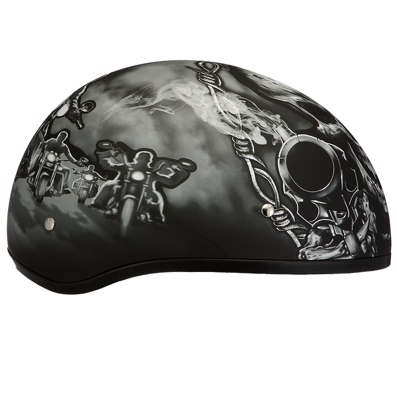 Load image into Gallery viewer, DOT Approved Daytona Motorcycle Half Face Helmet - Skull Cap Graphics for Men &amp; Women, Scooters, ATVs, UTVs &amp; Choppers - W/ Guns
