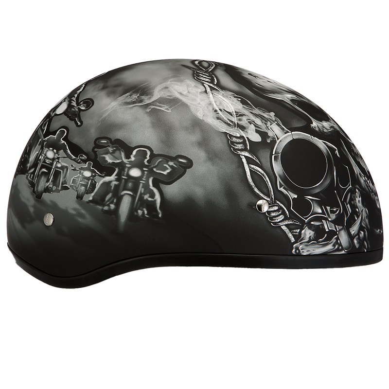 Load image into Gallery viewer, DOT Approved Daytona Motorcycle Half Face Helmet - Skull Cap Graphics for Men, Scooters, ATVs, UTVs &amp; Choppers - W/ Guns
