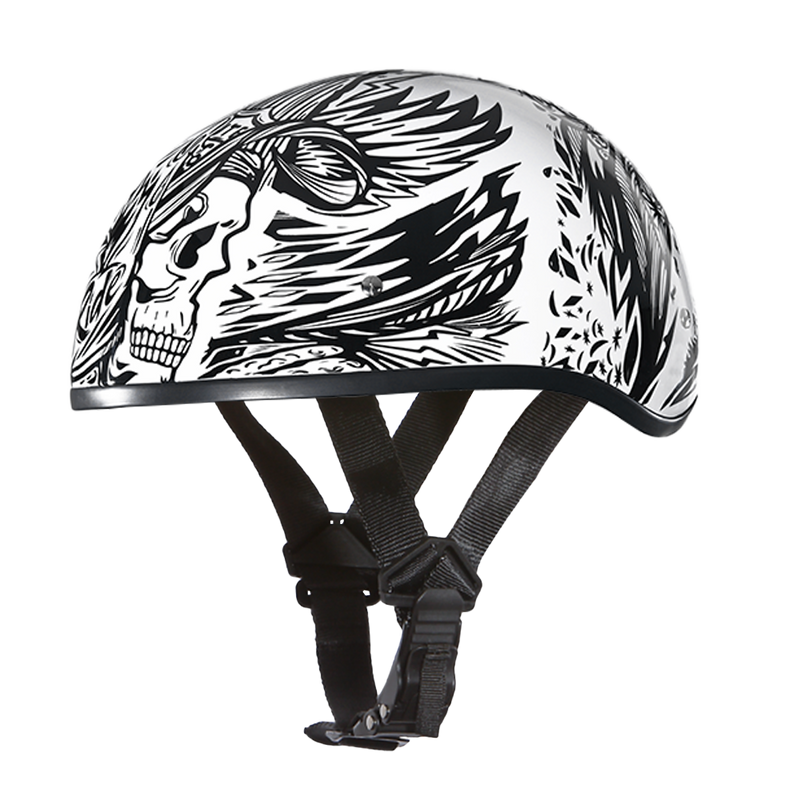 Load image into Gallery viewer, DOT Approved Daytona Motorcycle Half Face Helmet - Skull Cap Graphics for Men, Scooters, ATVs, UTVs &amp; Choppers - W/ Live Fast
