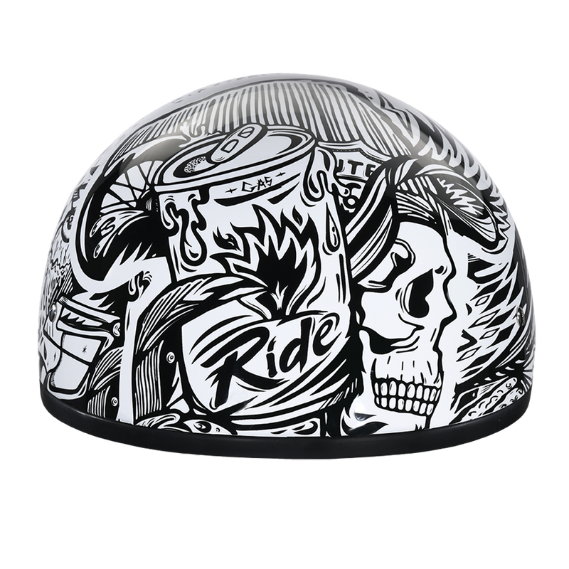 Load image into Gallery viewer, DOT Approved Daytona Motorcycle Half Face Helmet - Skull Cap Graphics for Men, Scooters, ATVs, UTVs &amp; Choppers - W/ Live Fast
