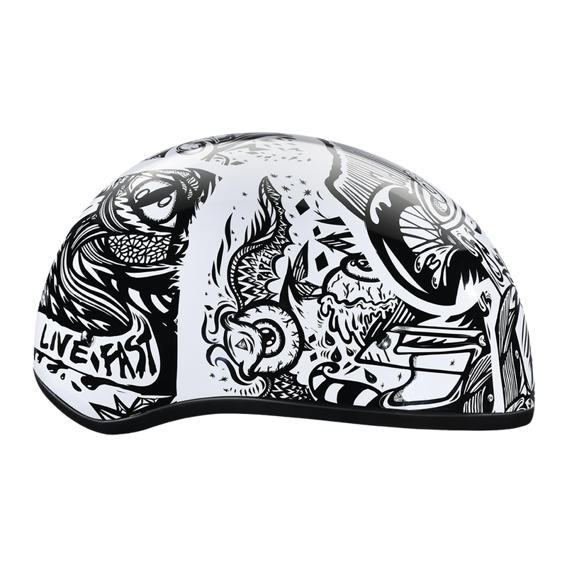 Load image into Gallery viewer, DOT Approved Daytona Motorcycle Half Face Helmet - Skull Cap Graphics for Men &amp; Women, Scooters, ATVs, UTVs &amp; Choppers - W/ Live Fast
