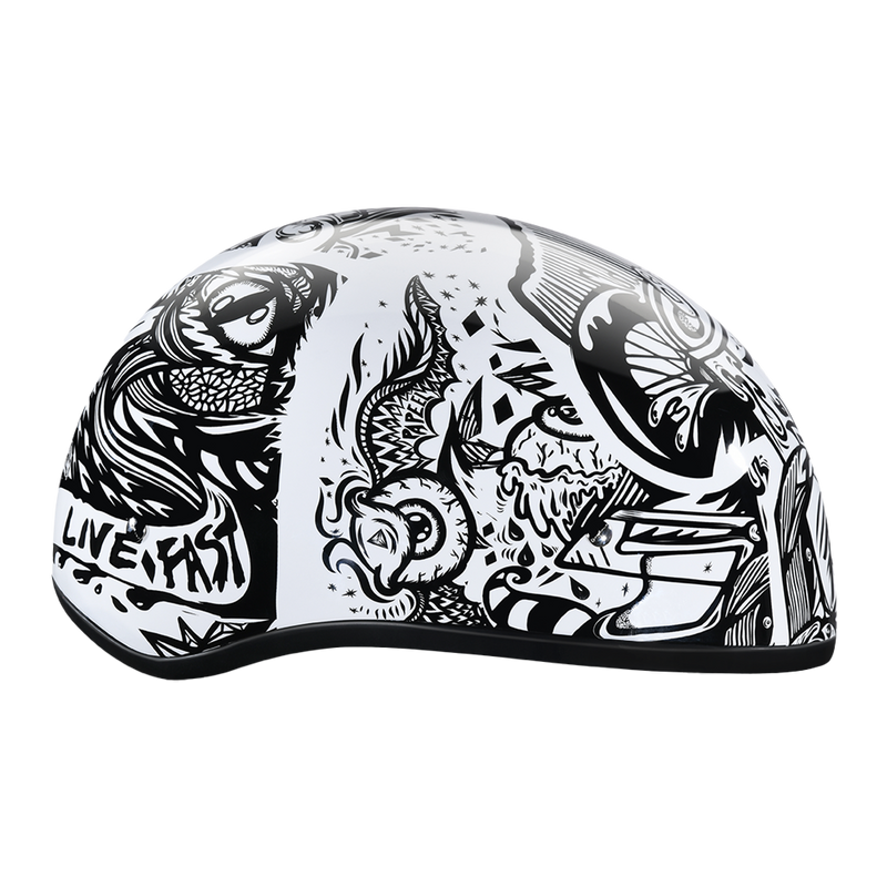 Load image into Gallery viewer, DOT Approved Daytona Motorcycle Half Face Helmet - Skull Cap Graphics for Men, Scooters, ATVs, UTVs &amp; Choppers - W/ Live Fast
