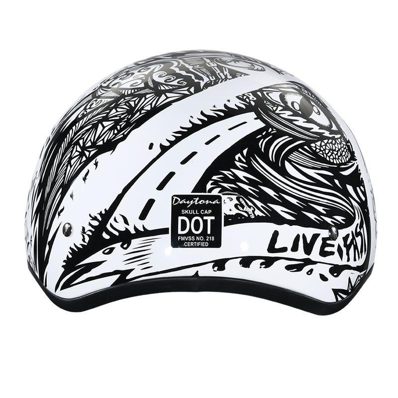 Load image into Gallery viewer, DOT Approved Daytona Motorcycle Half Face Helmet - Skull Cap Graphics for Men, Scooters, ATVs, UTVs &amp; Choppers - W/ Live Fast
