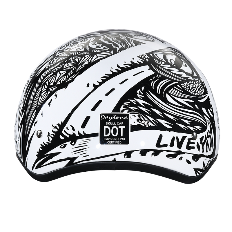 Load image into Gallery viewer, DOT Approved Daytona Motorcycle Half Face Helmet - Skull Cap Graphics for Men &amp; Women, Scooters, ATVs, UTVs &amp; Choppers - W/ Live Fast
